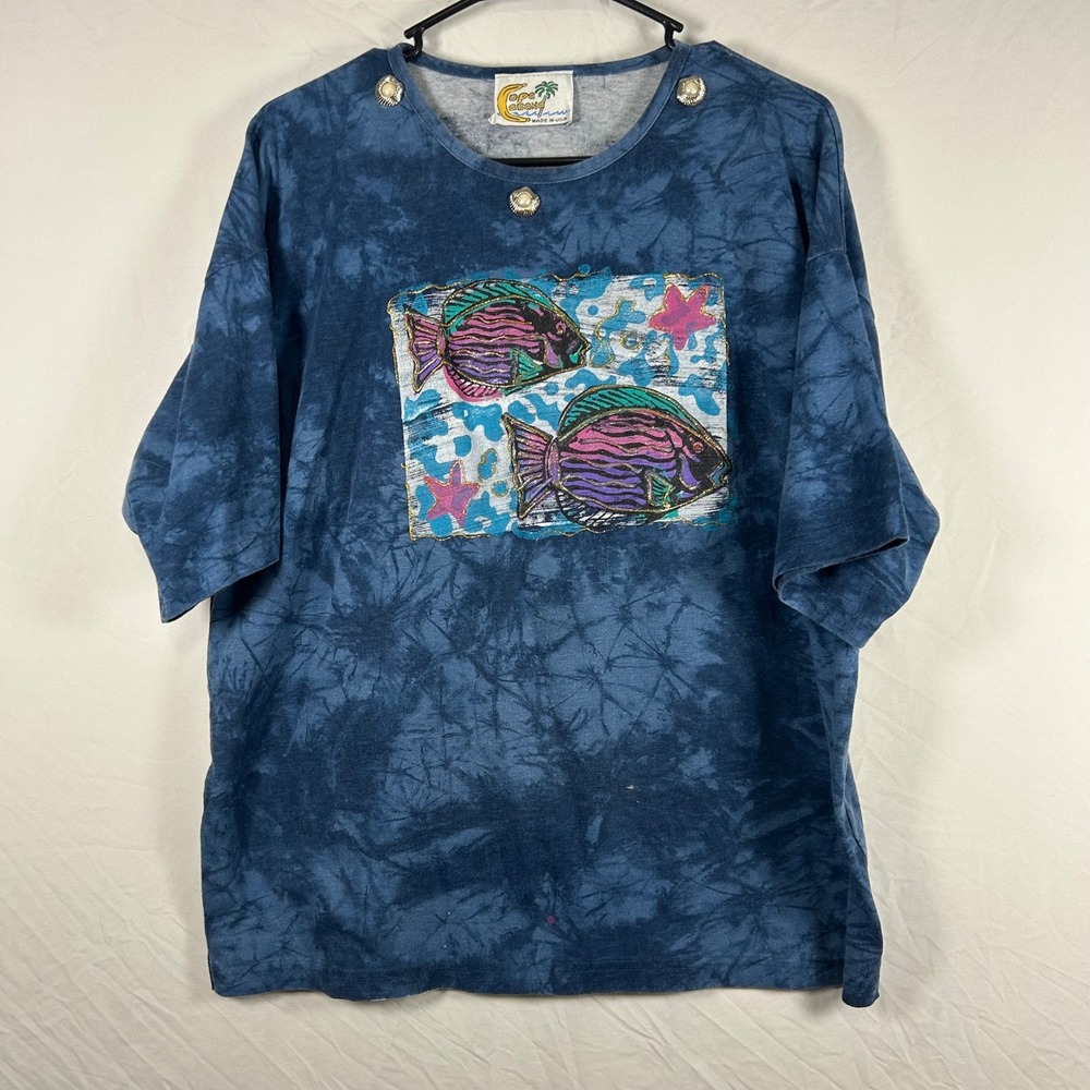 Copa Cabana T-Shirt Womens M/L Blue Vintage Tie Dye Fish Shell‎ Buttons